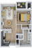 Elegant apartment floor plan featuring a cozy bedroom, stylish living area, modern kitchen, and a spacious bathroom.