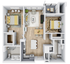 Charming floor plan showcasing 2 spacious bedrooms, open living-dining area, modern kitchen, and private balcony.