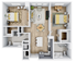 Modern 2D floor plan showcasing 2 spacious bedrooms, open-concept living and dining area, gourmet kitchen, and elegant bathrooms with ample storage.