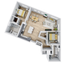 Modern 3D floor plan featuring 2 bedrooms, spacious open-plan kitchen, dining area, and inviting living room with large windows.