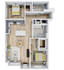 Modern 3D floor plan featuring two spacious bedrooms, an open-concept kitchen and dining area, and a cozy living room with natural light.
