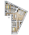 Modern floor plan featuring 2 bedrooms, sleek kitchen with island, open-concept living and dining area, and stylish bathroom.
