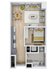 Contemporary open-concept floor plan featuring one bedroom, cozy living area, and modern kitchen with dining space.