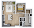 Contemporary floor plan showcasing an inviting open-concept living area, modern kitchen with island seating, and a cozy bedroom with stylish decor.