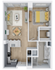 Modern floor plan showcasing a spacious 1-bedroom apartment with an open-concept living room, dining area, and stylish kitchen.