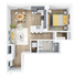Modern 1-bedroom apartment floor plan featuring an open kitchen, cozy living area, and elegant dining space.