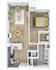Modern open-concept floor plan with a spacious bedroom, cozy living area, stylish kitchen, and dining space. Ideal for contemporary living.