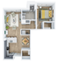 Modern floor plan showcasing a spacious one-bedroom apartment with an open-concept living and dining area, sleek kitchen, and a luxurious bathroom.