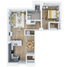 Modern L-shaped floor plan featuring a spacious bedroom, open-concept living area, stylish kitchen, and sleek bathroom.