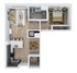 Modern floor plan featuring one bedroom, open-concept living and dining area, stylish kitchen, and a contemporary bathroom.
