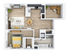 Modern open-concept floor plan featuring 1 bedroom, cozy living area, stylish kitchen, and dedicated workspace.