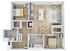 Modern 3D floor plan featuring two bedrooms, open living space, stylish kitchen, and cozy dining area with wood flooring.
