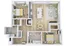 Contemporary floor plan showcasing two spacious bedrooms, modern kitchen with island, cozy living area, and elegant dining space.