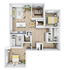 Modern apartment floor plan showcasing 2 spacious bedrooms, open kitchen with island, elegant living room, and dedicated office space.
