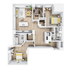 Elegant open-concept floor plan featuring two spacious bedrooms, gourmet kitchen, cozy living area, and home office.