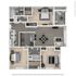 Elegant 3D floor plan showcasing a modern apartment with two bedrooms, an open-concept living and dining area, spacious kitchen, and private balconies.