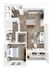 Modern 3D floor plan showcasing a chic one-bedroom apartment with a spacious kitchen, elegant living area, and a cozy balcony.