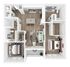 Contemporary open-concept floor plan illustrating two spacious bedrooms, a sleek kitchen with an island, cozy living area, and private balcony access.