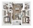 Elegant 3D floor plan showcasing two spacious bedrooms, two modern bathrooms, an open-concept kitchen with island, and a stylish living area leading to a cozy balcony.
