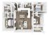 Contemporary 3D floor plan featuring two spacious bedrooms, a cozy open-concept living area, a modern kitchen with an island, and two elegant bathrooms.