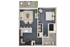 Modern 3D floor plan showcasing a cozy 1-bedroom apartment with an open kitchen, inviting living area, and charming balcony.