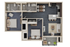 Modern floor plan showcasing 2 bedrooms, 2 bathrooms, a sleek kitchen with an island, and an inviting living area with access to a cozy patio.