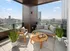 Elegant apartment balcony with modern seating, lush potted plants, and a stunning city skyline view.