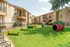 Charming apartment complex with spacious balconies overlooking a lush dog park, featuring agility equipment and a vibrant community green space.