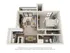 Modern 3D floor plan showcasing a cozy one-bedroom apartment with a stylish living room, sleek kitchen, and a charming balcony.