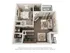 Modern 3D apartment floor plan featuring a cozy bedroom, stylish open-concept living room, compact kitchen, and private balcony.