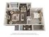Modern 3D floor plan showcasing a spacious one-bedroom apartment with an open living area, stylish kitchen, cozy fireplace, and private balcony.