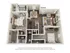 Inviting 3D floor plan featuring 2 bedrooms, open living area with fireplace, modern kitchen, and two bathrooms for ultimate comfort.