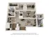 Modern 3D floor plan showcasing a stylish one-bedroom apartment with a cozy living room, spacious kitchen, home office, and private balcony.