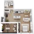 Modern 3D floor plan showcasing a spacious one-bedroom apartment with an open-concept kitchen and living area, stylish dining room, and elegant bathroom.