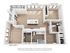 Chic floor plan featuring a spacious open kitchen with island, two cozy bedrooms, sleek bathroom, and generous balcony space.