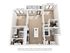 Contemporary 3D floor plan showcasing a chic 2-bedroom apartment with a kitchen island, open living space, and two bathrooms.