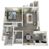 Modern 3D floor plan showcasing a spacious one-bedroom apartment with an open-concept living and dining area, stylish kitchen, and cozy balcony.