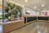 Modern apartment mailroom featuring sleek mailboxes and a stylish plant divider, complemented by artistic wall decor.