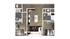Modern floor plan showcasing a spacious 2-bedroom layout with an open living area, sleek kitchen with island, and two stylish bathrooms.