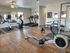Modern apartment gym with treadmills, exercise bikes, and weightlifting equipment on sleek hardwood floors.
