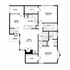 Contemporary floor plan with 2 spacious bedrooms, an open living room, modern kitchen, dining area, and private patio.