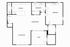 Modern floor plan featuring an open-concept living and dining area, one bedroom, a full bathroom, a spacious kitchen, and a private patio.