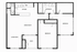 Inviting floor plan showcasing a modern kitchen, dining room, spacious living room, two bedrooms, a bathroom, and a private patio for seamless indoor-outdoor living.