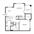 Modern floor plan featuring a well-designed 1-bedroom layout with spacious living room, open kitchen, dining area, inviting balcony, and ample storage space.