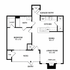 Chic floor plan featuring a spacious 1-bedroom, bath, stylish kitchen, dining area, cozy living room with fireplace, and a private patio.