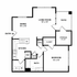 Inviting floor plan showcasing a spacious one-bedroom apartment with a 13'x13' bedroom, open living and dining area, modern kitchen, and patio access. Includes ample storage, laundry hookups, and a cozy bathroom.