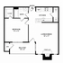 Modern floor plan featuring a spacious 1-bedroom, open kitchen concept, and inviting living/dining area with a cozy fireplace. Enjoy outdoor relaxation on the private balcony.