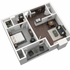 Modern 3D apartment layout featuring one spacious bedroom, an open-plan kitchen and living area, stylish furniture, and a cozy balcony.