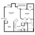 Charming single-bedroom apartment floor plan showcasing an open living room with fireplace, cozy dining area, efficient kitchen with modern appliances, and inviting patio space.
