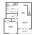 Modern floor plan featuring a spacious 1 bedroom, 1 bath, open-concept living room and dining area, stylish kitchen, and private balcony.